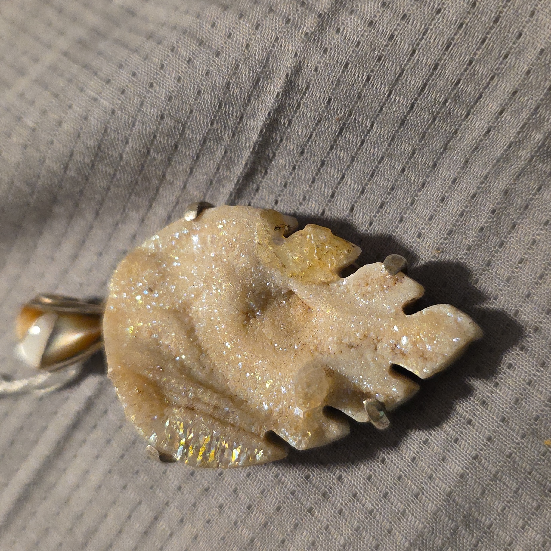 Carved Druzy Stone Pendant With Decorated Bale With Mother Of Pearl Accents